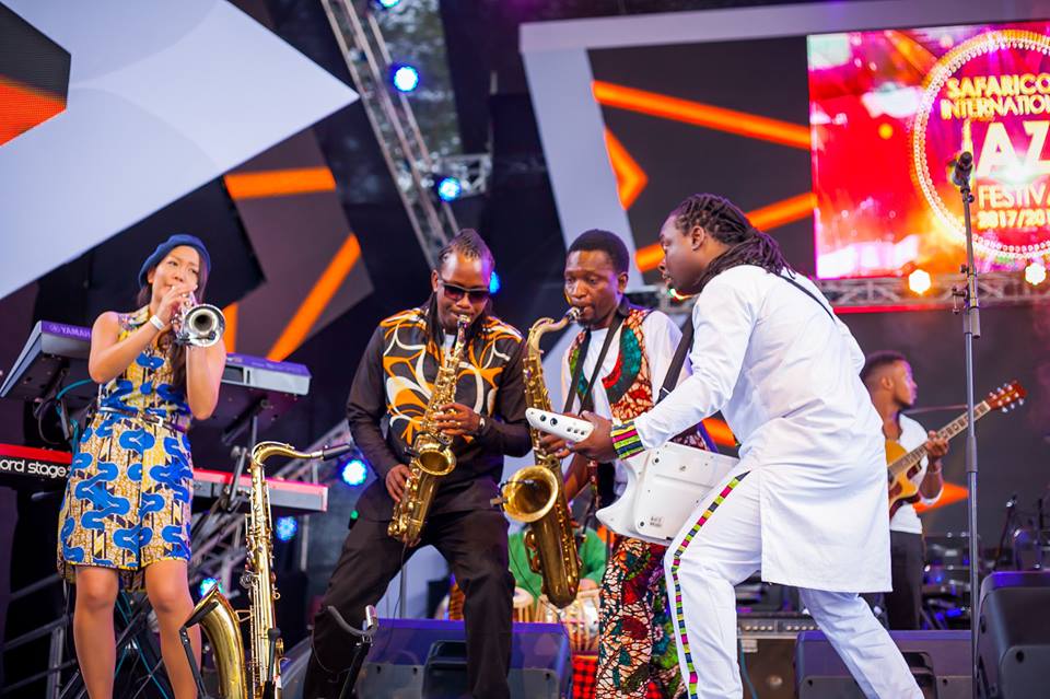 four Kenyan jazz musicians, from left we have Emi Kitasako on trumpet, Noah Saha on Sax, Juma Tutu on Sax, and James Jozee on keytar